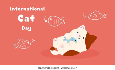 Happy International Cat Day cover. Cute cats holding fish. Adorable pet animals illustration for International Cat Day.