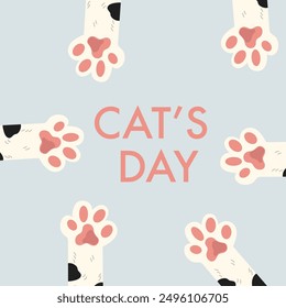 Happy international cat day. Cute white cats paws on a blue background. Pink cute inscription. Flat vector illustration