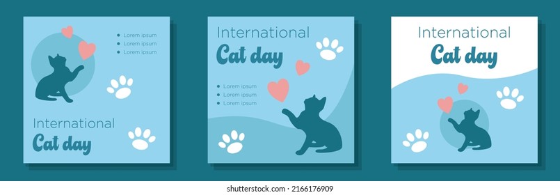 Happy international cat day social media post, banner set, August 8th pet kitten celebration advertisement concept, cute animal paw marketing square ad, abstract print, isolated on background.