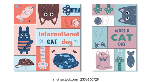 Happy international cat day social media post, banner set, August 8th pet kitten celebration advertisement concept, cute animal paw marketing square ad, abstract print, isolated on background.