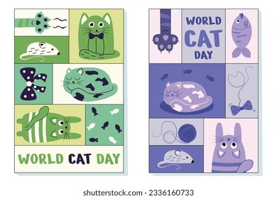 Happy international cat day social media post, banner set, August 8th pet kitten celebration advertisement concept, cute animal paw marketing square ad, abstract print, isolated on background.