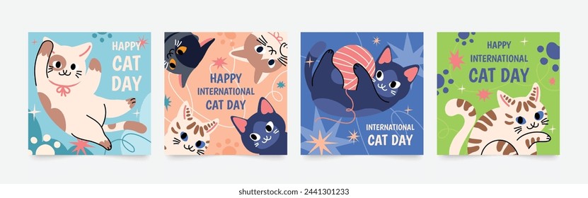 Happy international cat day square cover set. Cute cats and funny kitten, paw foot design collection with flat color in different poses. Adorable pet animals illustration for international cat day.