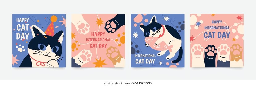 Happy international cat day square cover set. Cute cats and funny kitten, paw foot design collection with flat color in different poses. Adorable pet animals illustration for international cat day.