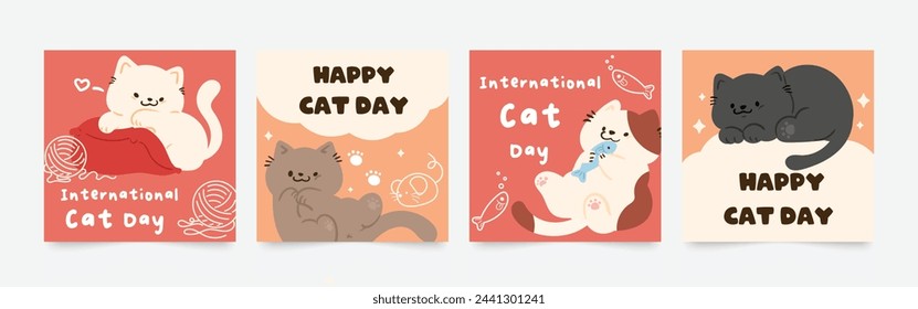 Cubierta cuadrada del día internacional del gato feliz. Gatos lindos y gatito divertido, colección de diseño de pie de garra con color plano en diferentes poses. Ilustración adorable de los animales de compañía para el día internacional del gato.