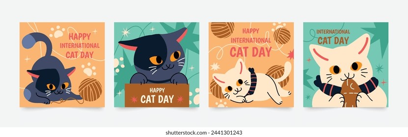 Happy international cat day square cover set. Cute cats and funny kitten, paw foot design collection with flat color in different poses. Adorable pet animals illustration for international cat day.