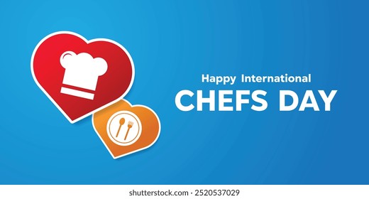 Feliz Dia Internacional dos Chefs. Chapéu Chef, coração, prato, garfo e colher. Ótimo para cartões, banners, cartazes, mídias sociais e muito mais. Fundo azul.
