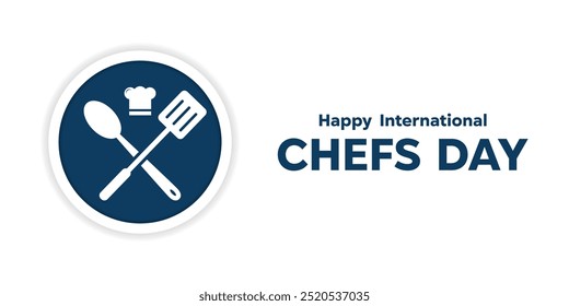 Feliz Día Internacional de los Chefs. Sombreros de chef, espátula y cuchara. Ideal para tarjetas, Anuncios, carteles, redes sociales y más. El fondo blanco.