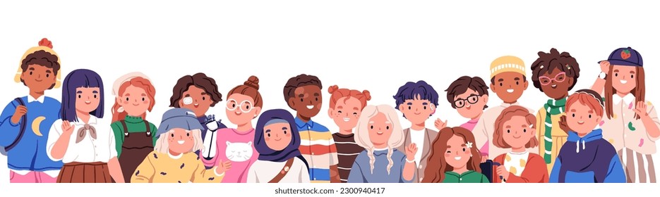 Happy international children, inclusive kindergarten group. Diverse cute kids with disabilities, multi ethnic little girls and boys team. Flat graphic vector illustration isolated on white background