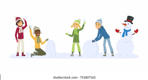 Happy international children play outdoors - cartoon people characters illustration. Smiling boys and girls throwing snowballs and building a snowman. Concept of winter activities, New Year, Christmas