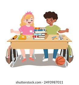 Happy international children sitting at desk in classroom with white magnetic board behind on white background. School concept. Vector illustration in flat cartoon style