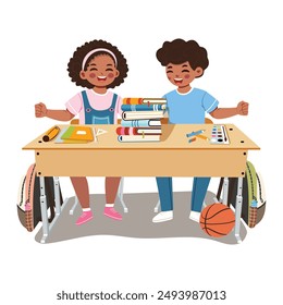 Happy international children sitting at desk in classroom with white magnetic board behind on white background. School concept. Vector illustration in flat cartoon style