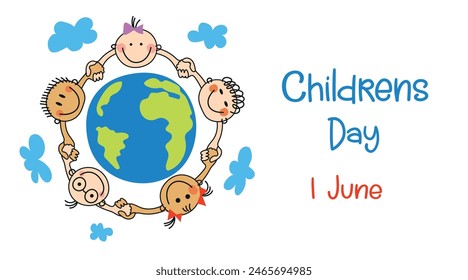 Happy International Children's day. 1 June. Hand drawn vector illustration.Template banner, poster, greeting card Childrens day.