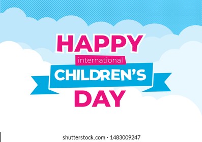 Happy international childrens day banner with clouds