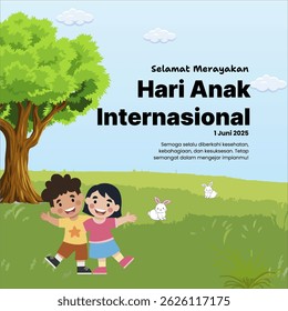 Happy International Children's Day! A cheerful cartoon scene with children playing in nature — perfect for celebrating this special day dedicated to kids around the world.