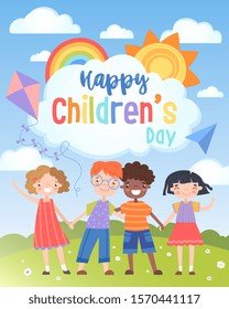 Happy International Children's Day greeting card. Colored letters on a white cloud with cute children holding hands. Cartoon vector illustration