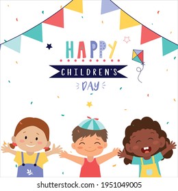 Happy International Children's Day greeting card. Portrait Of Multi-Cultural funny Children hands raised up and laughing, together happily with colored letters, flags, ribbon. Vector illustration
