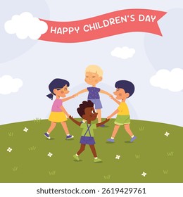 Happy International Children's Day. Group of cute smiling different nations boys and girls.Children together, multiethnic boys and girls. Kindergarten and school kids. Vector illustration flat cartoon