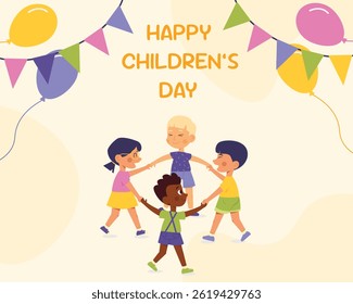 Happy International Children's Day. Group of cute smiling different nations boys and girls.Children together, multiethnic boys and girls. Kindergarten and school kids. Vector illustration flat cartoon