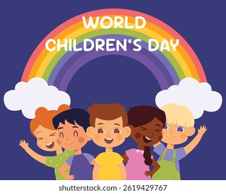 Happy International Children's Day. Group of cute smiling different nations boys and girls.Children together, multiethnic boys and girls. Kindergarten and school kids. Vector illustration flat cartoon