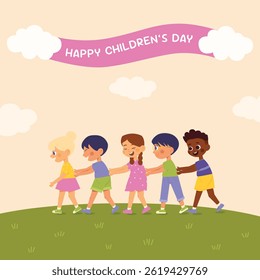 Happy International Children's Day. Group of cute smiling different nations boys and girls.Children together, multiethnic boys and girls. Kindergarten and school kids. Vector illustration flat cartoon