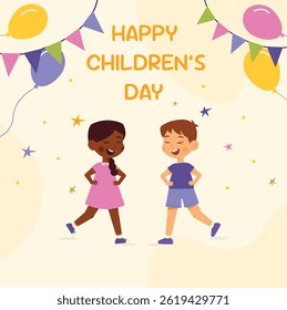 Happy International Children's Day. Group of cute smiling different nations boys and girls.Children together, multiethnic boys and girls. Kindergarten and school kids. Vector illustration flat cartoon