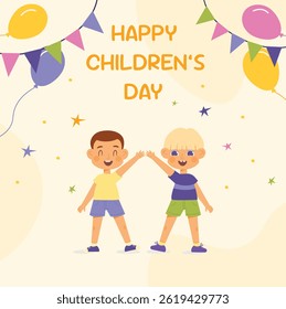 Happy International Children's Day. Group of cute smiling different nations boys. Kindergarten and school kids. Vector illustration flat cartoon