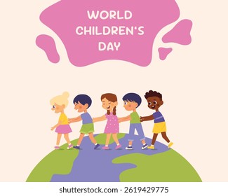 Happy International Children's Day. Group of cute smiling different nations boys and girls.Children together, multiethnic boys and girls. Kindergarten and school kids. Vector illustration flat cartoon