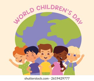 Happy International Children's Day. Group of cute smiling different nations boys and girls.Children together, multiethnic boys and girls. Kindergarten and school kids. Vector illustration flat cartoon