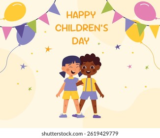 Happy International Children's Day. Group of cute smiling different nations boys and girls.Children together, multiethnic boys and girls. Kindergarten and school kids. Vector illustration flat cartoon