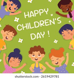 Happy International Children's Day. Group of cute smiling different nations boys and girls.Children together, multiethnic boys and girls. Kindergarten and school kids. Vector illustration flat cartoon