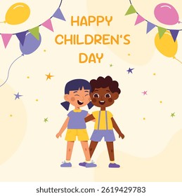 Happy International Children's Day. Group of cute smiling different nations boys and girls.Children together, multiethnic boys and girls. Kindergarten and school kids. Vector illustration flat cartoon