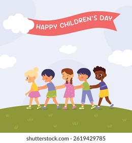 Happy International Children's Day. Group of cute smiling different nations boys and girls.Children together, multiethnic boys and girls. Kindergarten and school kids. Vector illustration flat cartoon