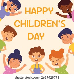 Happy International Children's Day. Group of cute smiling different nations boys and girls.Children together, multiethnic boys and girls. Kindergarten and school kids. Vector illustration flat cartoon