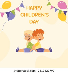 Happy International Children's Day. Group of cute smiling different nations boys and girls.Children together, multiethnic boys and girls. Kindergarten and school kids. Vector illustration flat cartoon