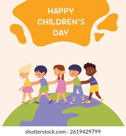 Happy International Children's Day. Group of cute smiling different nations boys and girls.Children together, multiethnic boys and girls. Kindergarten and school kids. Vector illustration flat cartoon