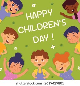 Happy International Children's Day. Group of cute smiling different nations boys and girls.Children together, multiethnic boys and girls. Kindergarten and school kids. Vector illustration flat cartoon