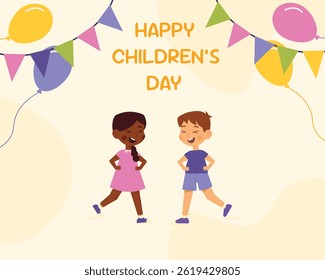 Happy International Children's Day. Group of cute smiling different nations boys and girls.Children together, multiethnic boys and girls. Kindergarten and school kids. Vector illustration flat cartoon