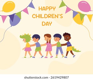 Happy International Children's Day. Group of cute smiling different nations boys and girls.Children together, multiethnic boys and girls. Kindergarten and school kids. Vector illustration flat cartoon