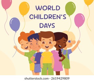 Happy International Children's Day. Group of cute smiling different nations boys and girls.Children together, multiethnic boys and girls. Kindergarten and school kids. Vector illustration flat cartoon