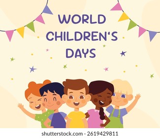 Happy International Children's Day. Group of cute smiling different nations boys and girls.Children together, multiethnic boys and girls. Kindergarten and school kids. Vector illustration flat cartoon
