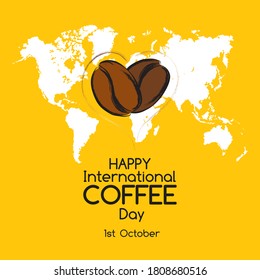 Happy International Coffee Day 1st October, flat vector banner. Two scented coffee beans silhouette, steam in heart shape, world map - coffee beverage is loved all over the world, greeting concept