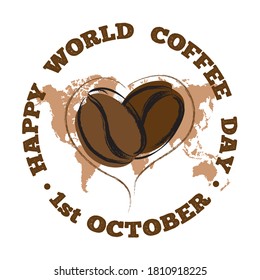 Happy International Coffee Day 1st October, flat vector banner. Two scented coffee beans silhouette, steam in heart shape, world map - coffee beverage is loved all over the world, greeting concept