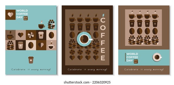 Happy International Coffee Day 1st October, posters set. Scented beans, coffee cup, drink to go - coffee beverage is loved all over the world, greeting concept. Flat concept, vector illustration.