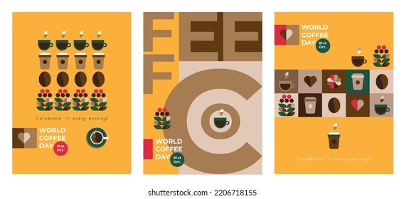 Happy International Coffee Day 1st October, posters set. Scented beans, coffee cup, drink to go, coffee plant - coffee beverage loved all over the world. Flat concept, bright vector illustration