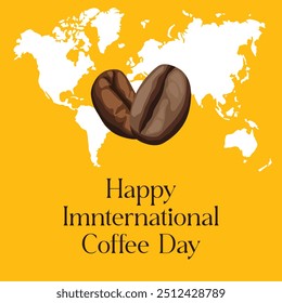 Happy International Coffee Day 1st October, Coffee day vector design template, Two scented coffee beans silhouette, steam in heart shape, world map, EPS file