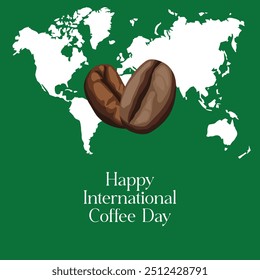 Happy International Coffee Day 1. Oktober, Coffee Day, Vektordesign-Vorlage, Zwei duftende Kaffeebohnen Silhouette, Dampf in Herzform, Weltkarte, EPS-Datei