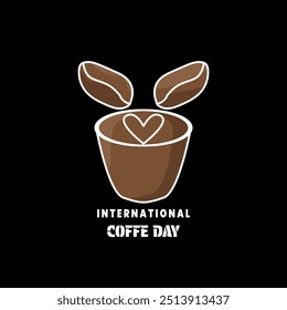 Happy International Coffee Day 1st October, flat vector banner. Two scented coffee beans , world map - coffee beverage is loved all over the world, greeting concept