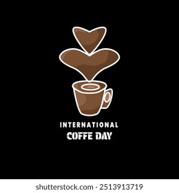 Happy International Coffee Day 1st October, flat vector banner. Two scented coffee beans , steam in heart shape, world map - coffee beverage is loved all over the world, greeting concept