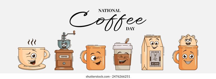 Anuncio internacional feliz del día del café con el carácter del café en estilo retro groovy. Concepto de diseño de Festiva observado el 29 de septiembre en EE.UU. Ilustración vectorial 