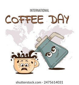 Happy International coffee day card with coffee character in trendy groovy cartoon style. Holiday design concept observed on every 1st october. Vector illustration 